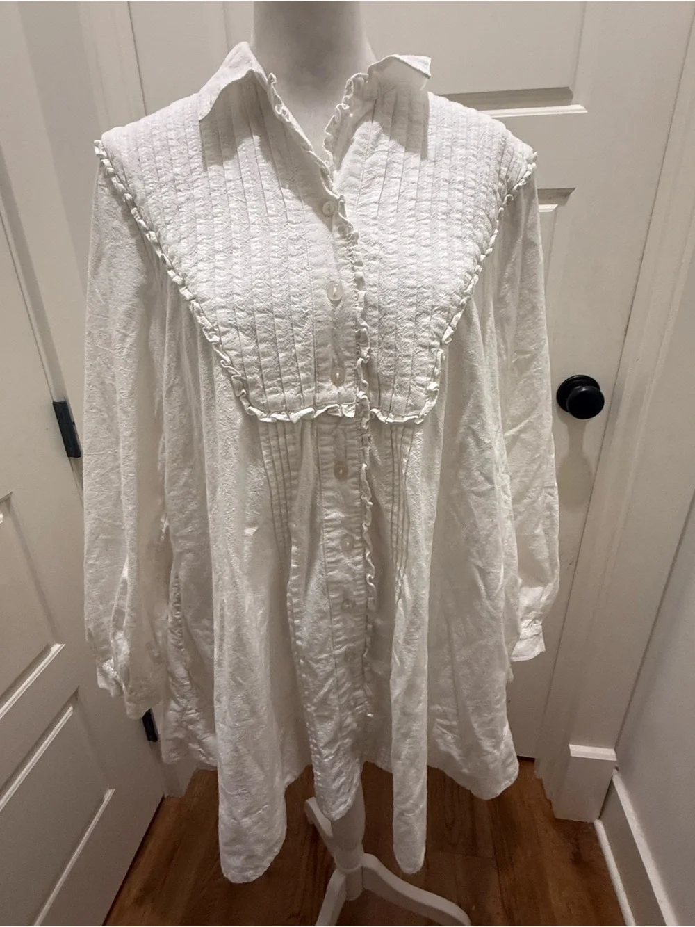 Free People. Cherry Long Sleeve Bib Mini Shirtdress. Optic White. Size Small.